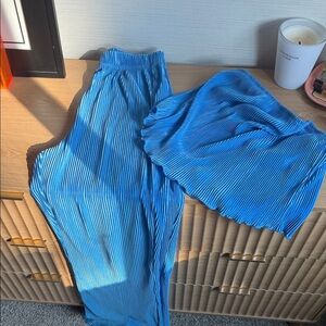 Blue Pleated Women's pants and shirt SET